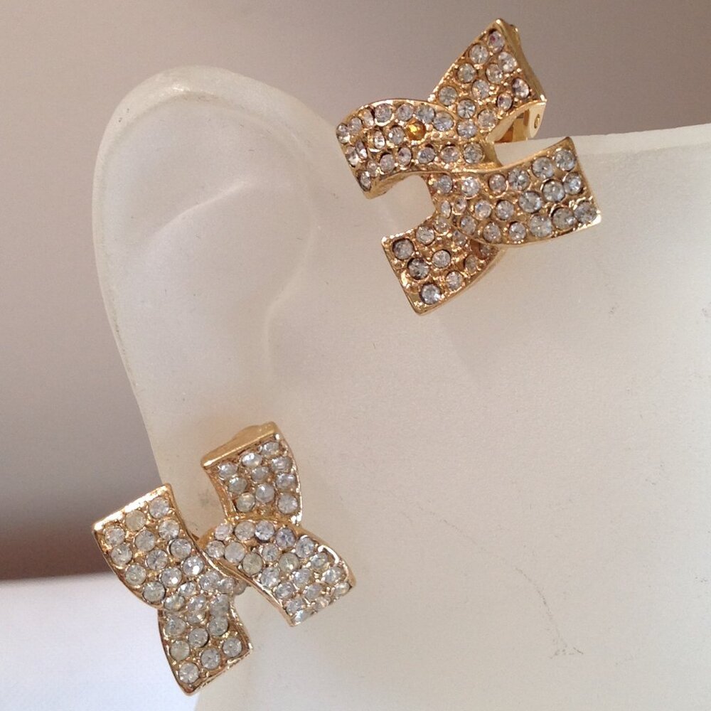 Vintage KJL Kenneth Jay Lane Pave Rhinestone X Bow Clip On Earrings Signed